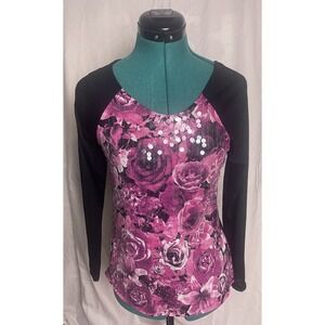 VTG belle du jour Womans Y2K Long Sleeve Pink Rose Sequin Print Top Size Small